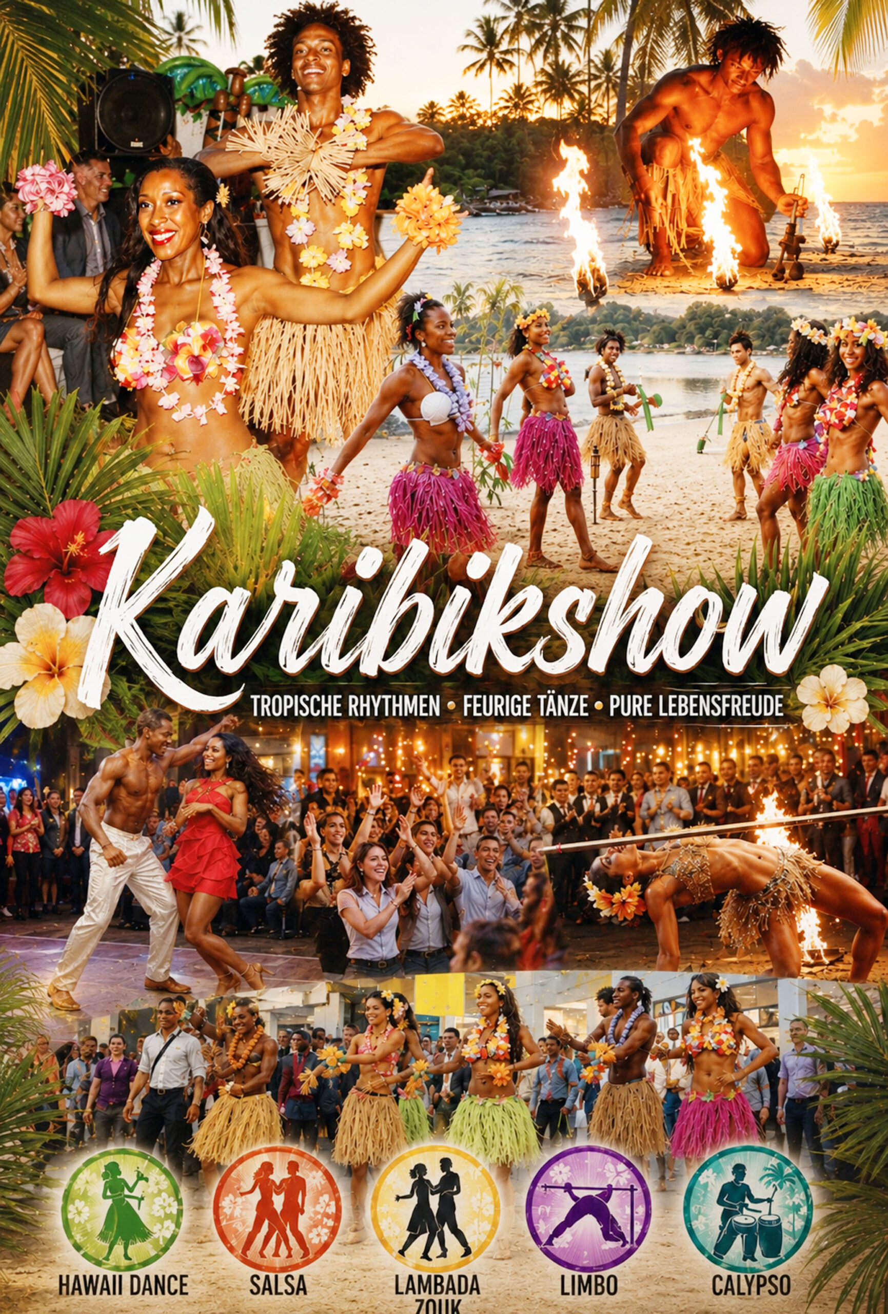 Karibikshow mit Hawaii-Tanz, Salsa, Lambada, Limbo, Calypso und Feuershow