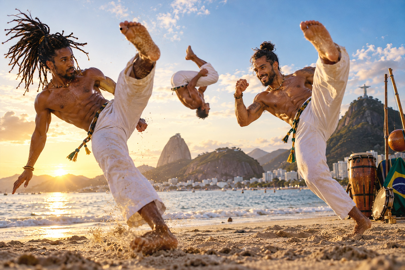 Capoeira Show am brasilianischen Strand mit spektakulärer Akrobatik und Capoeira-Künstlern