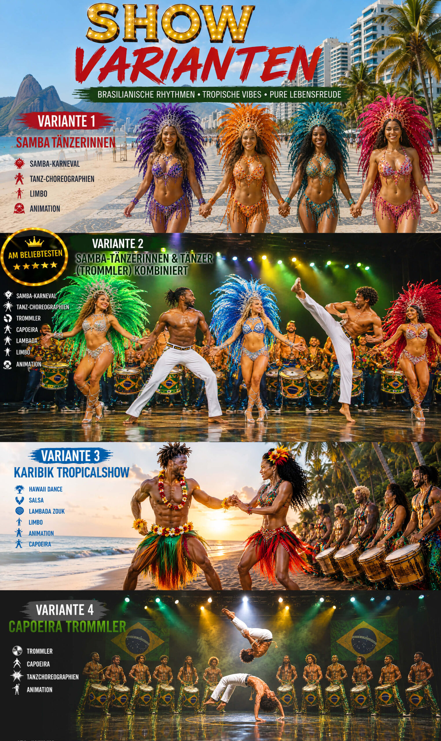 Vier Show-Varianten der Brasil Show Köln – Samba, Brasilshow, Karibik Tropicalshow und Capoeira-Trommelshow